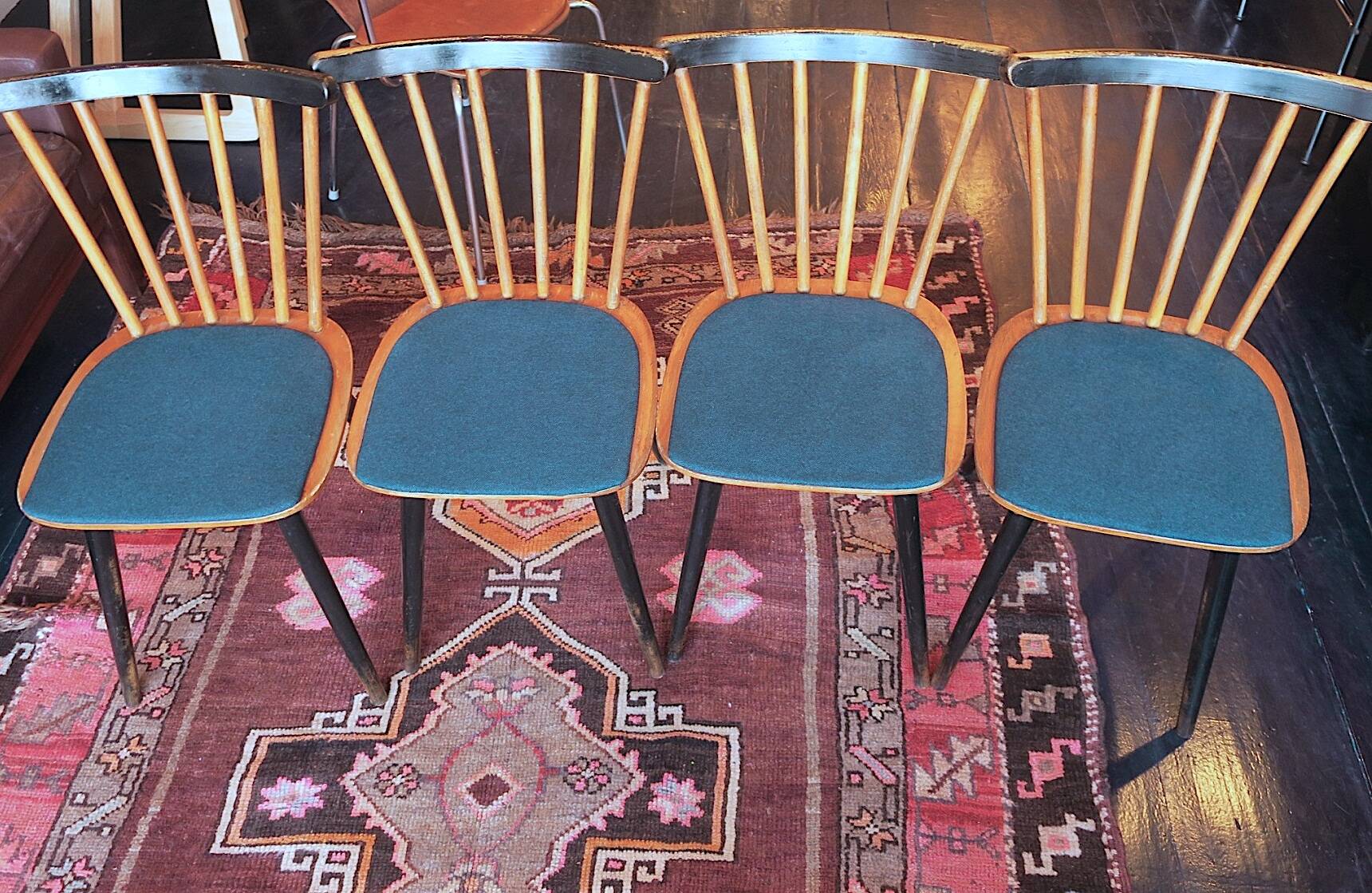 Set of 4  dining chairs splayed legs and petrol blue-green covers, 1960s