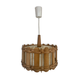 Pendant lamp in teak and fabric from the 70s