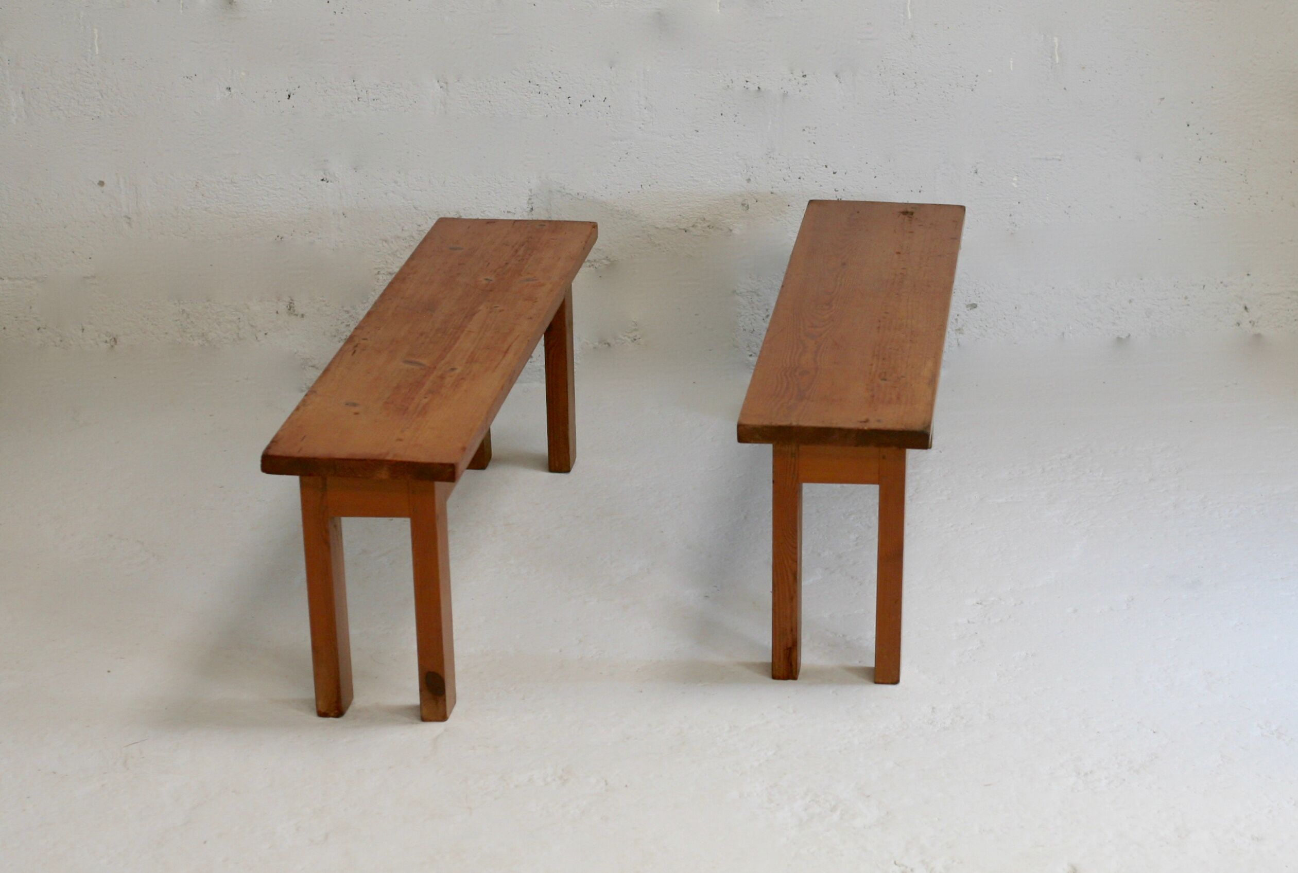 Pair of brutalist benches. Wood. France. Circa 1960.