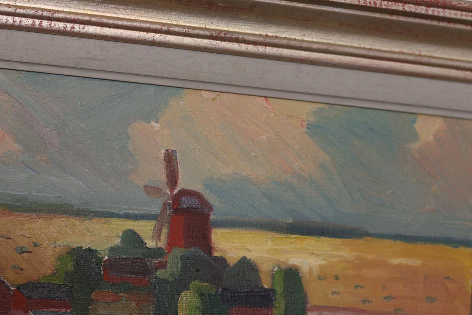 Huile sur toile originale suédoise – « Paysage avec moulin à vent » par Harry Sahlin