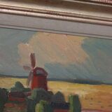 Huile sur toile originale suédoise – « Paysage avec moulin à vent » par Harry Sahlin