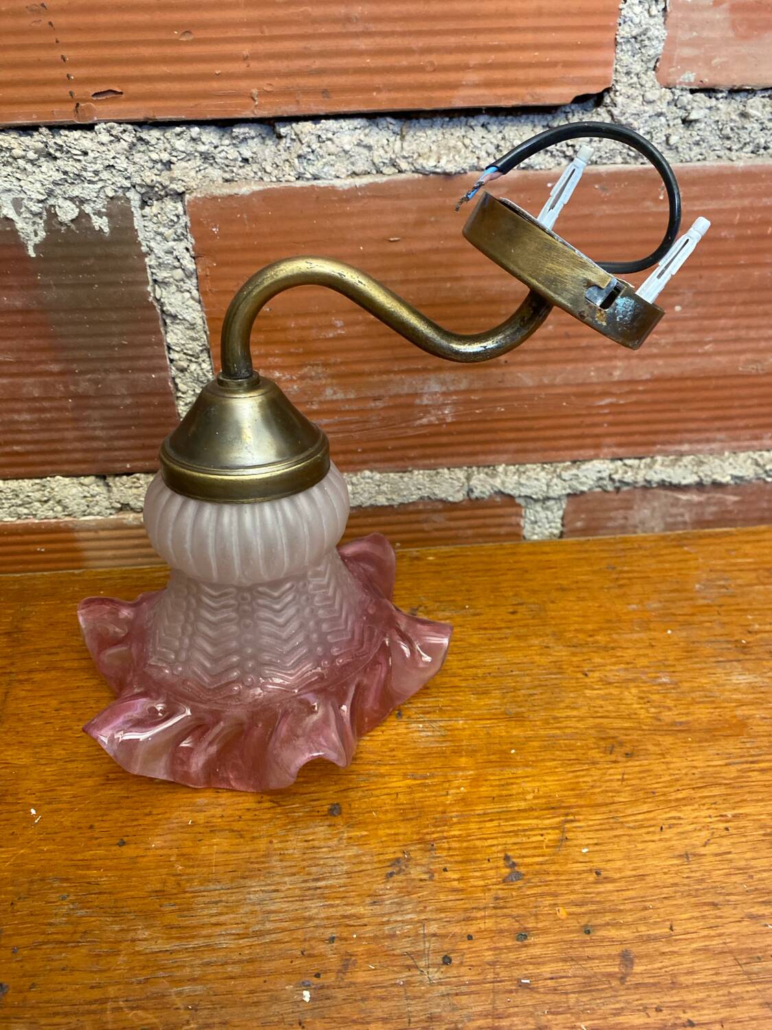 Antique Swan Neck Wall Lamp Gold Metal + Vintage Pink Glass Tulip