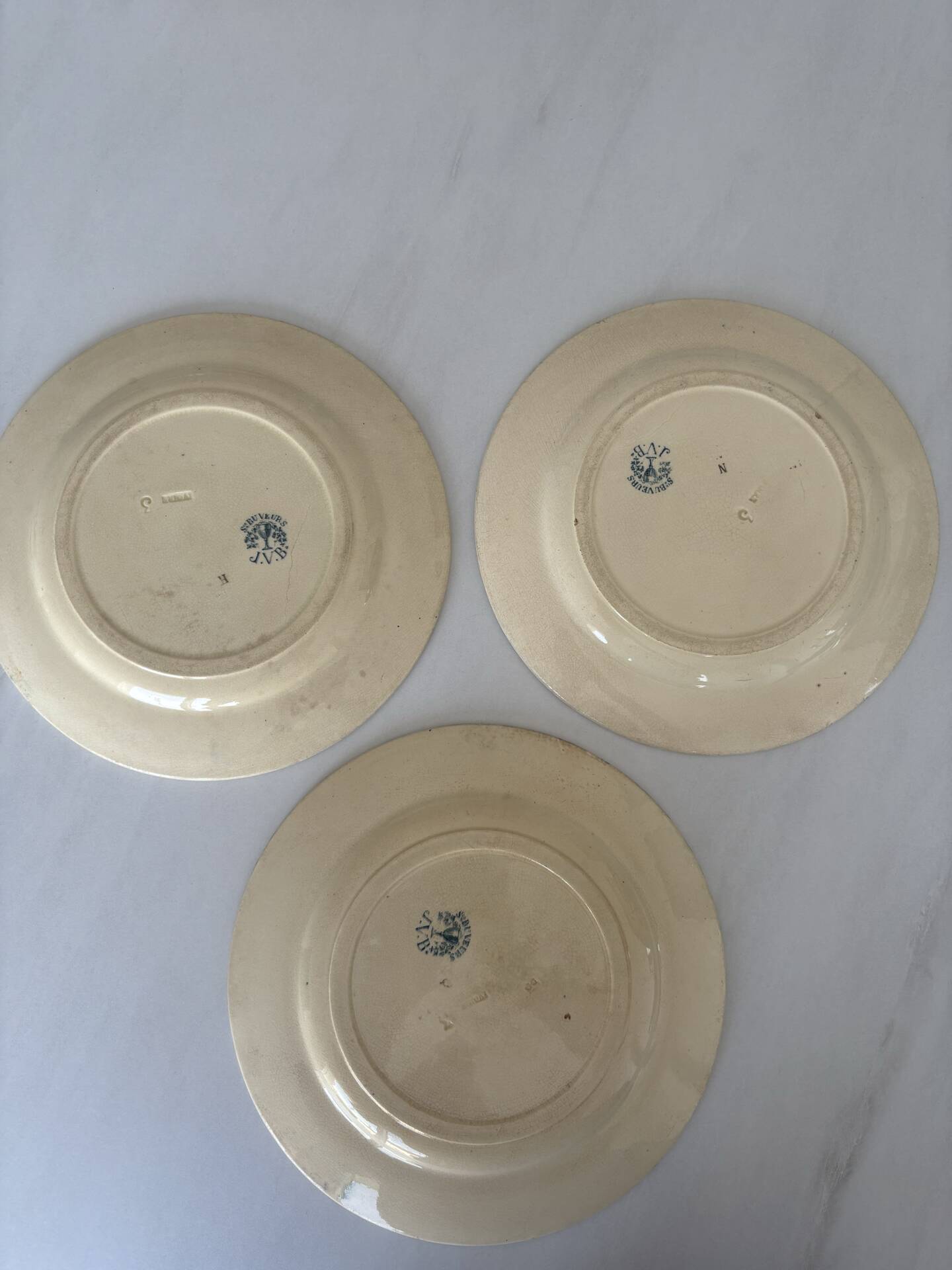 Lot of 3 flat plates, ironstone, Jules Vieillard, model St Buveurs B.