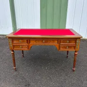 Elegant flat desk in Louis XVI style made of marquetry wood.