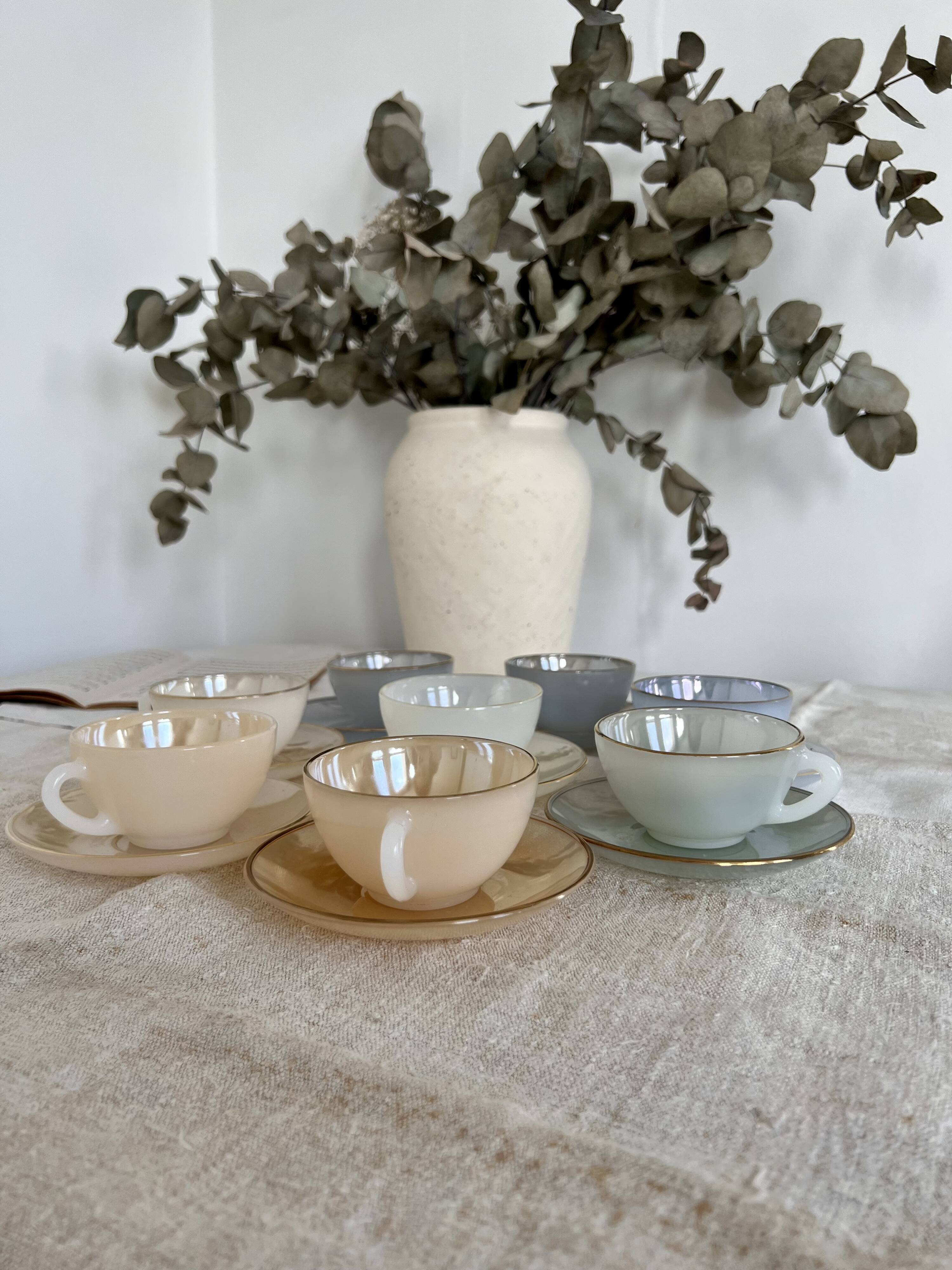 8 vintage cups and saucers Arcopal Harlequin opaline pastel tones with gold edging