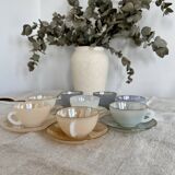 8 vintage cups and saucers Arcopal Harlequin opaline pastel tones with gold edging