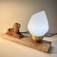 Art Deco lamp with marble, opaline globe & lion sculpture in spelter