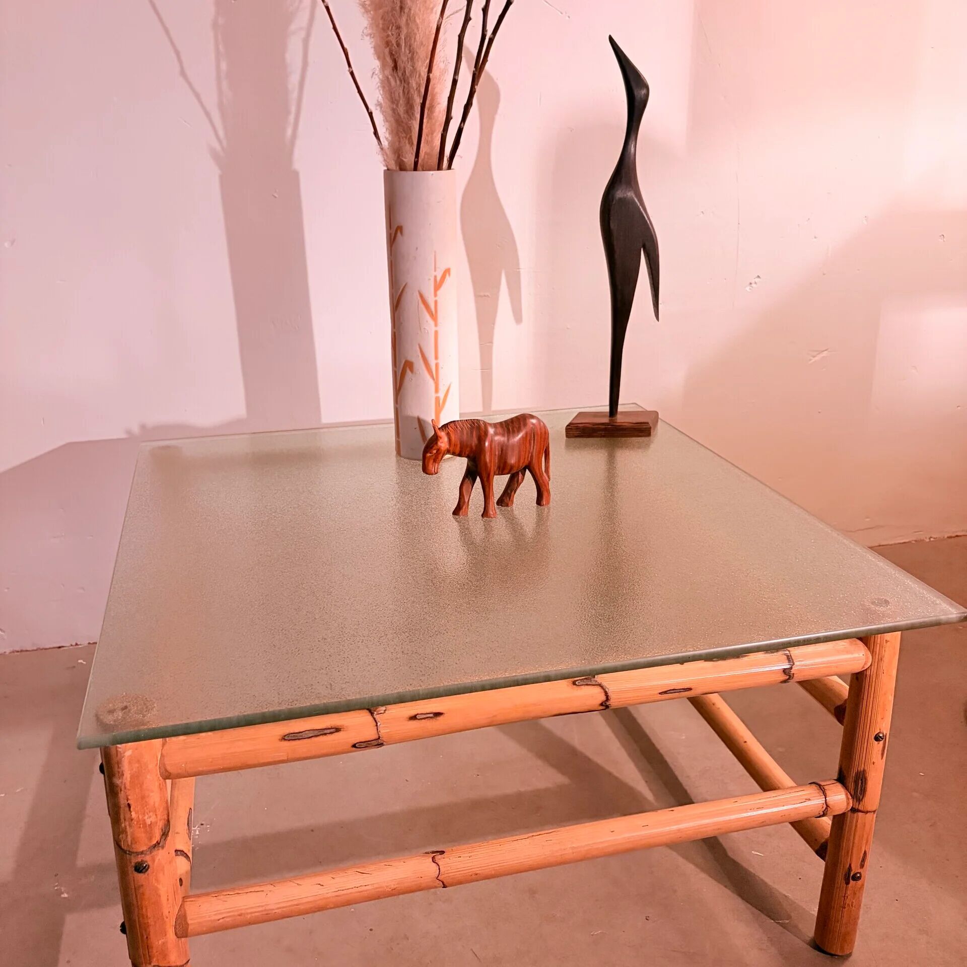 Vintage bamboo coffee table with glass top, 1970s, Brazil