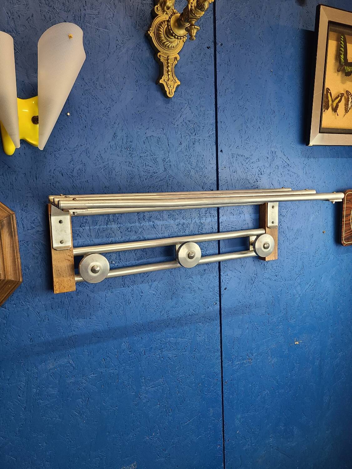Coat rack, oak, vintage aluminum