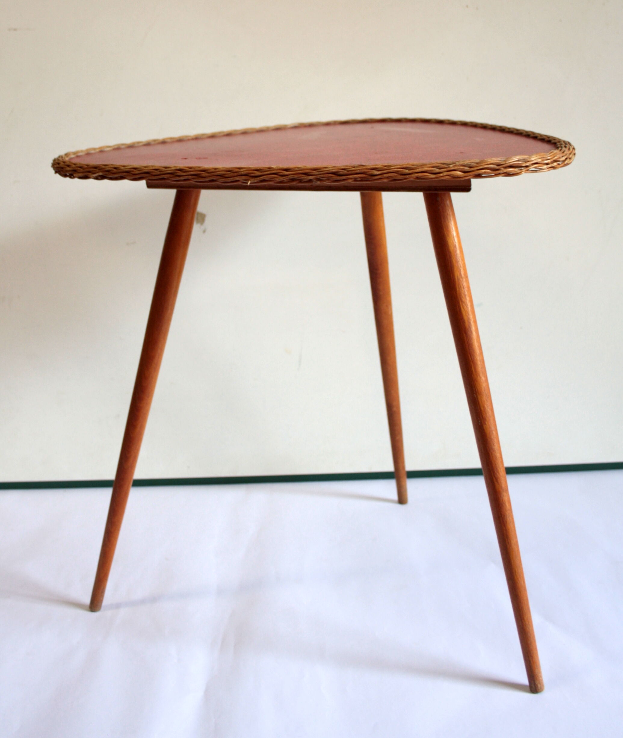 60s wood and rattan tripod coffee table