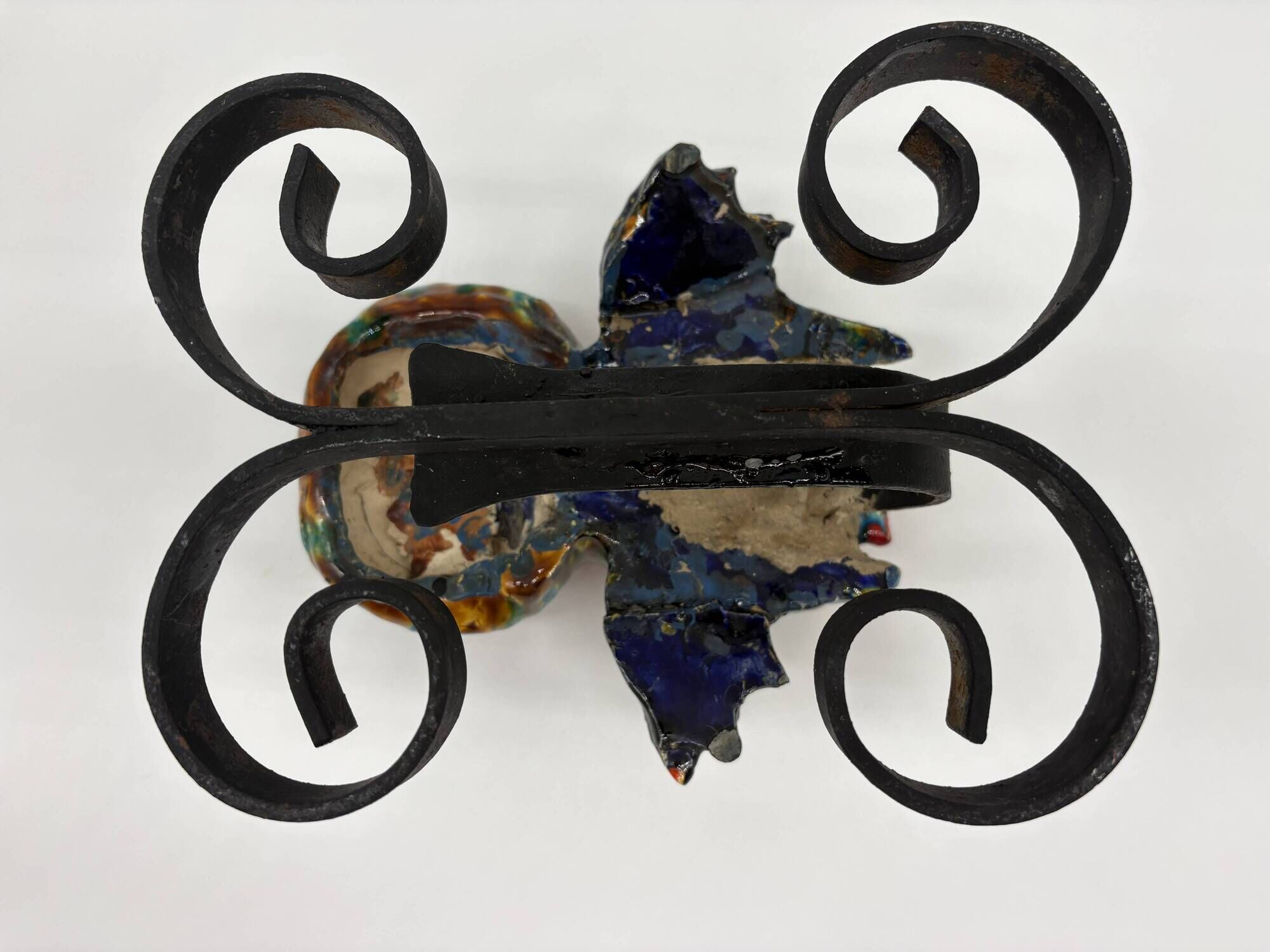 Owl Sculpture in Glazed Ceramic Dated 1991 on Wrought Iron Base