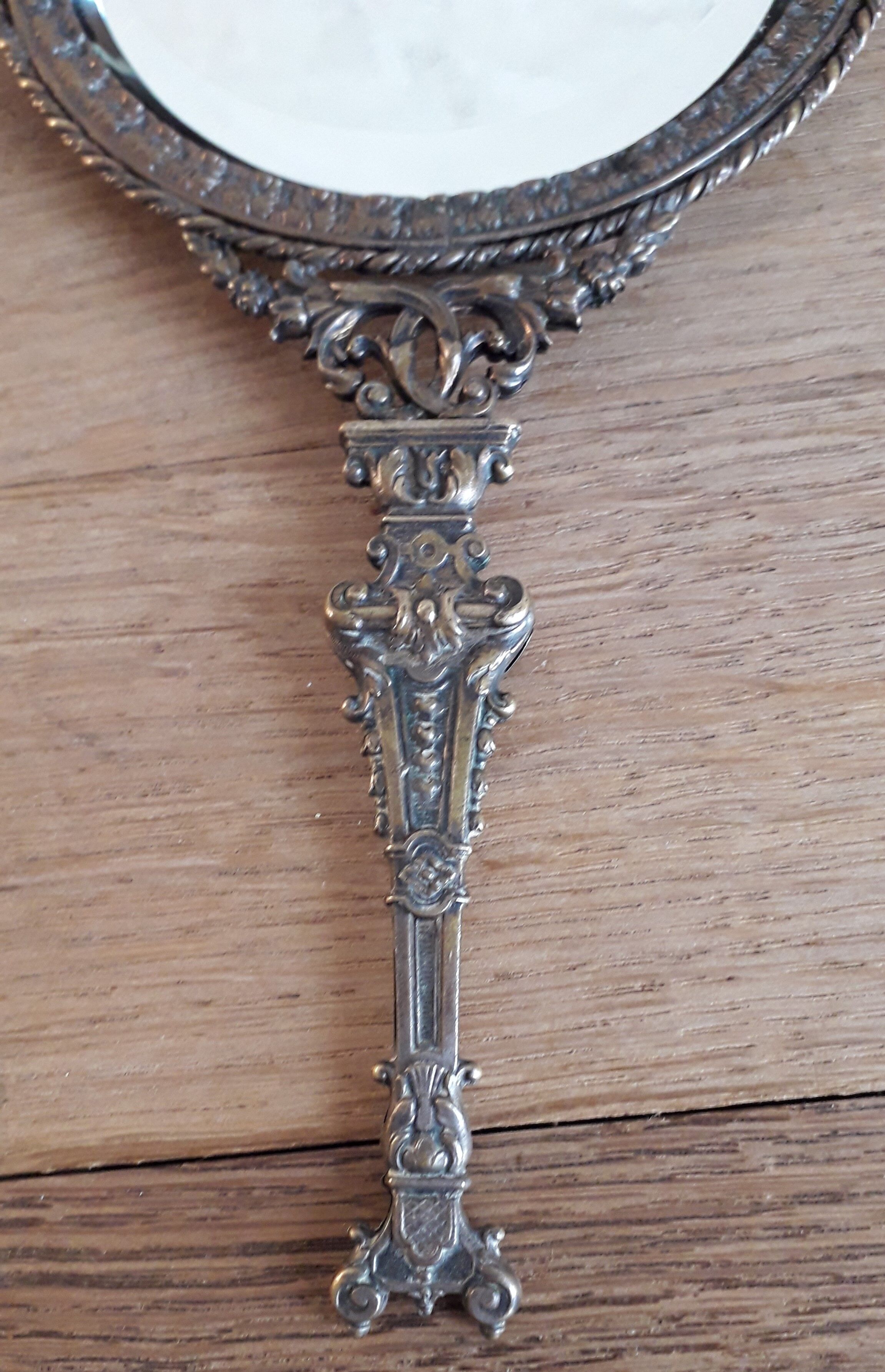 Old brass hand mirror - 25x12cm