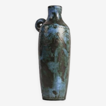 Jacques BLIN (1920-1995) - Amphora-shaped vase, in blue enameled earthenware, decorated
