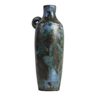 Jacques BLIN (1920-1995) - Vase en forme d'amphore, en faïence émaillée bleue, à décor