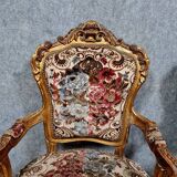 Pair of Louis XV style Baroque armchairs in gilded and carved wood circa 1900