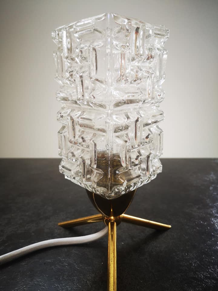 Table lamp tripod globe rectangle glass thick 100% 1970 vintage