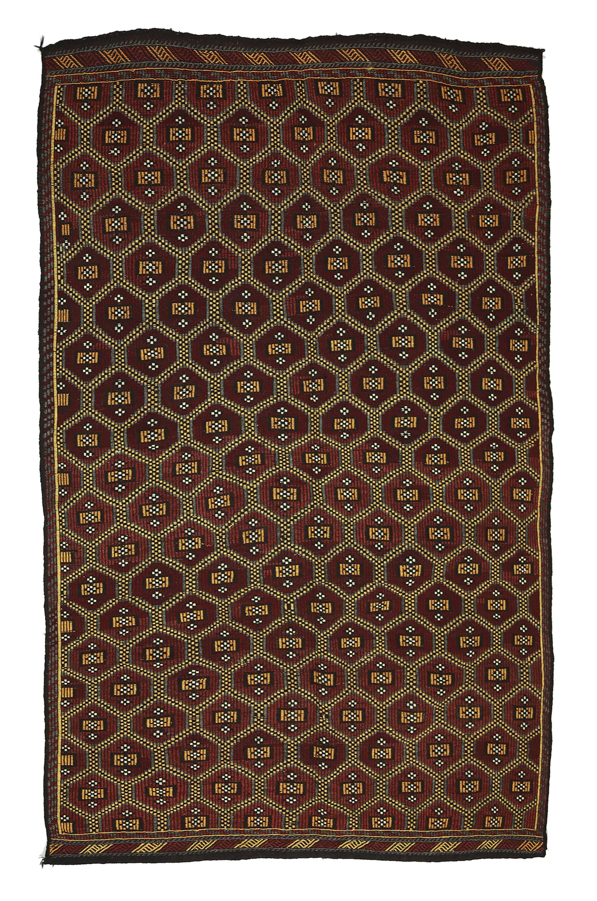 Turkish Kilim Yoruk Vintage 177x294 cm Geometric Brown and Yellow