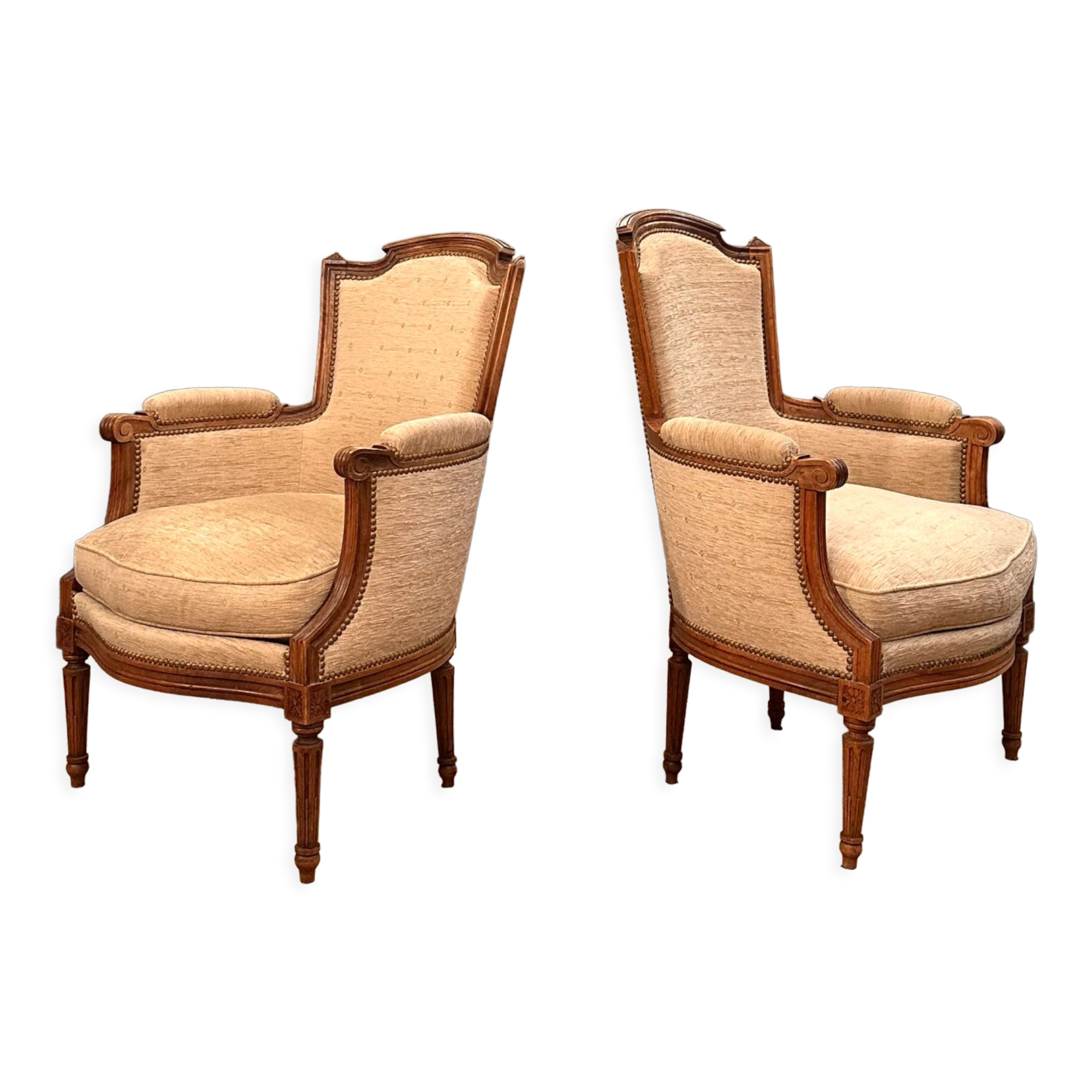 Pair of Louis XVI style walnut shepherdesses circa 1900