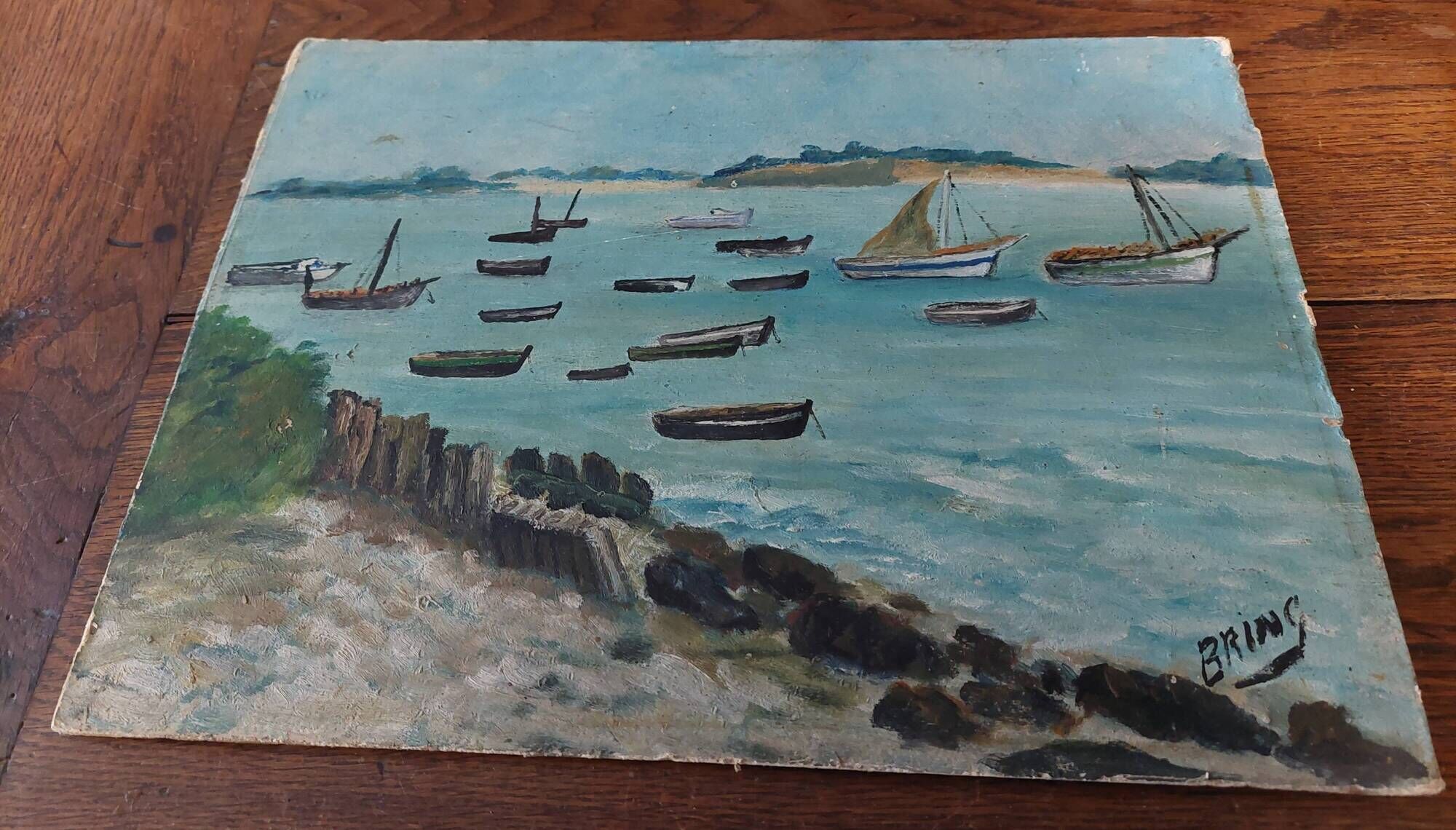 Oil painting on seaside marine cardboard