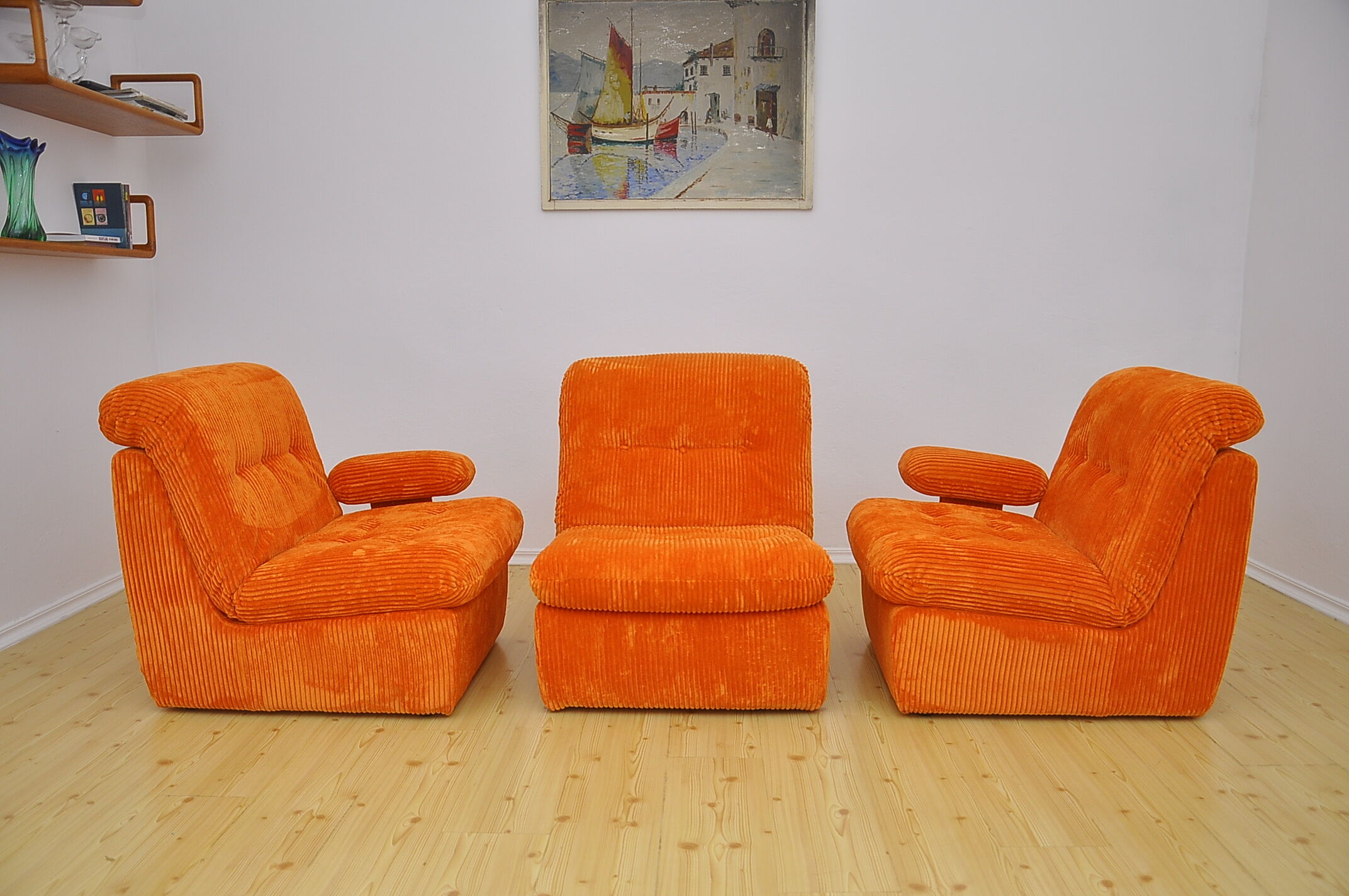 Orange corduroy modular sofa, 1970s.