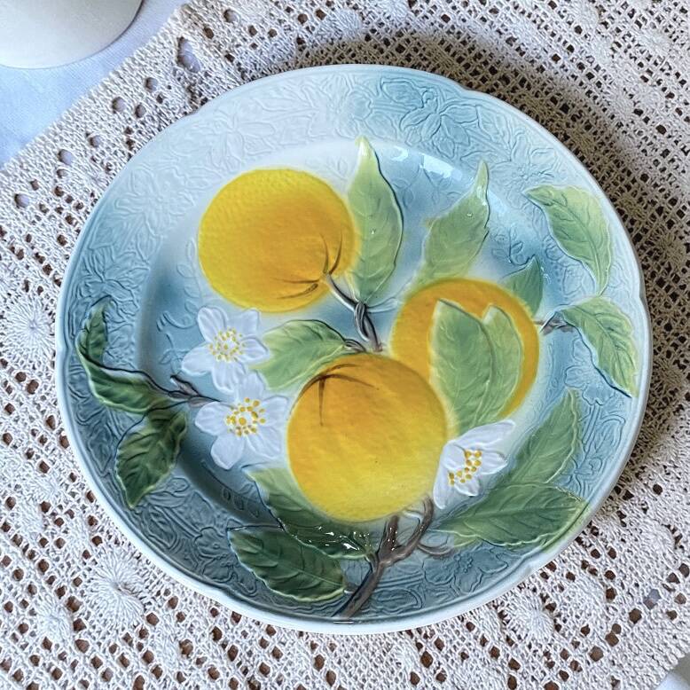 Vintage celadon green slipware plate with fruit decoration - Saint Clément