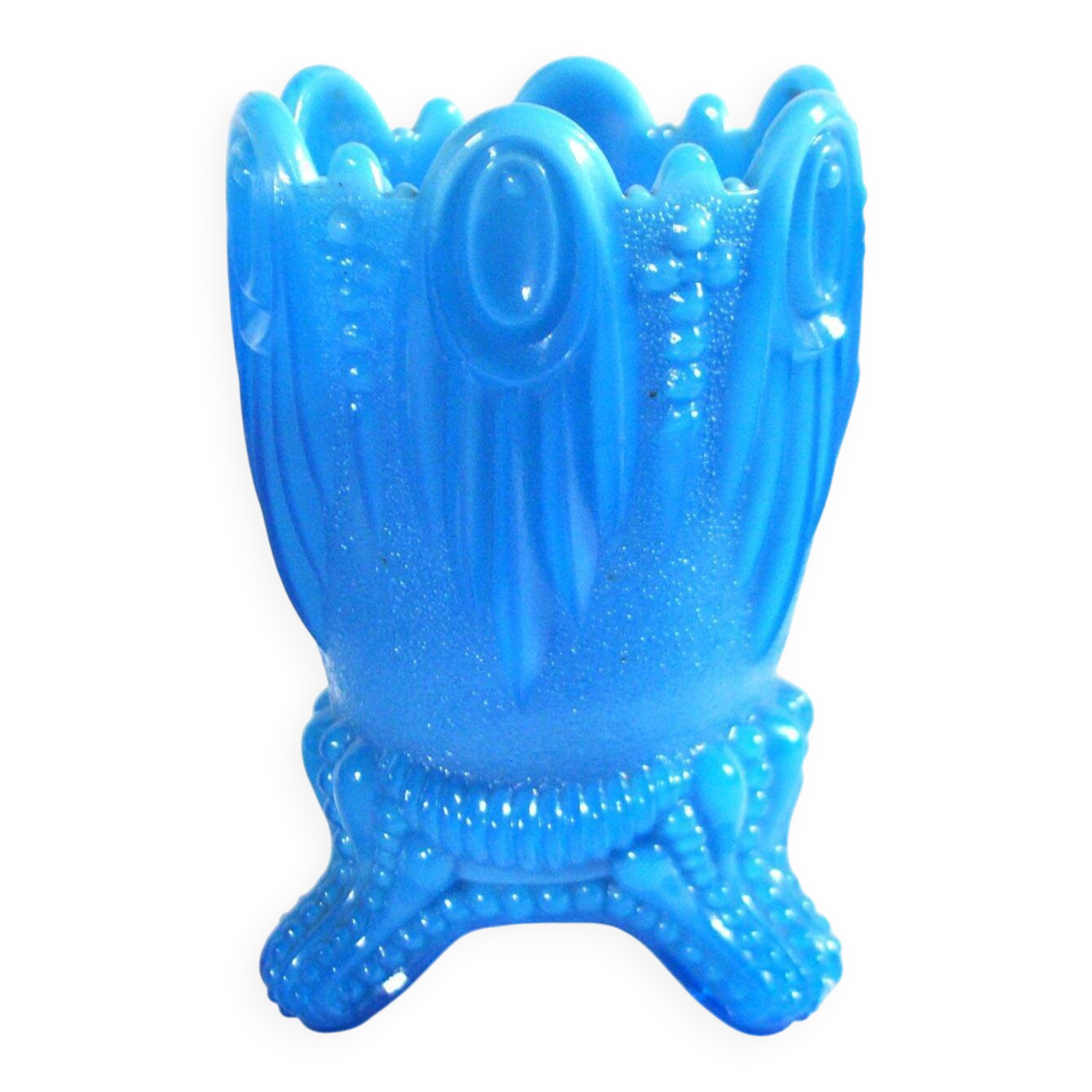 Portieux Gothic opaline goblet candle holder in blue opaline signed - 1910
