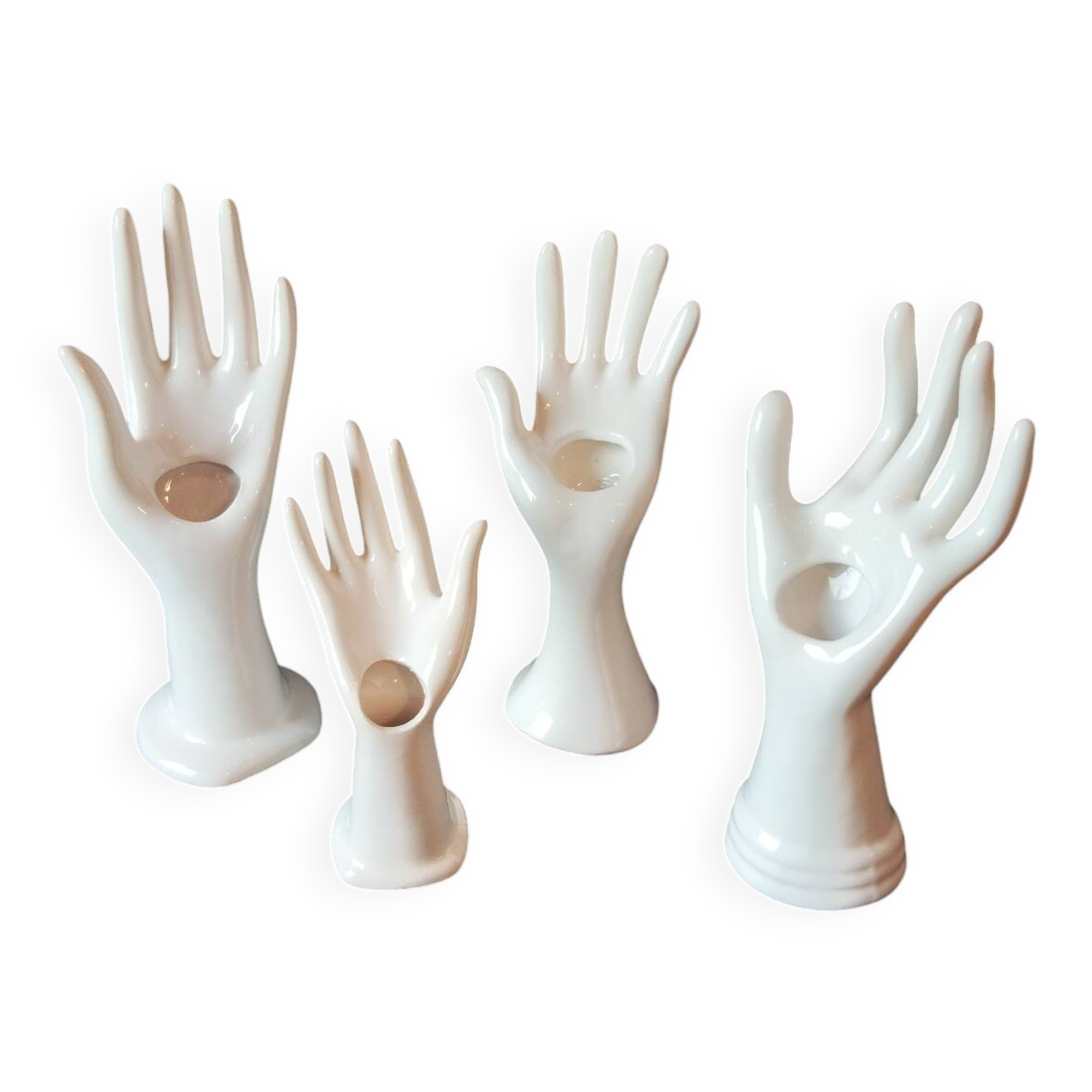 Set of 4 white ceramic hands – vintage ring holders and bud vases