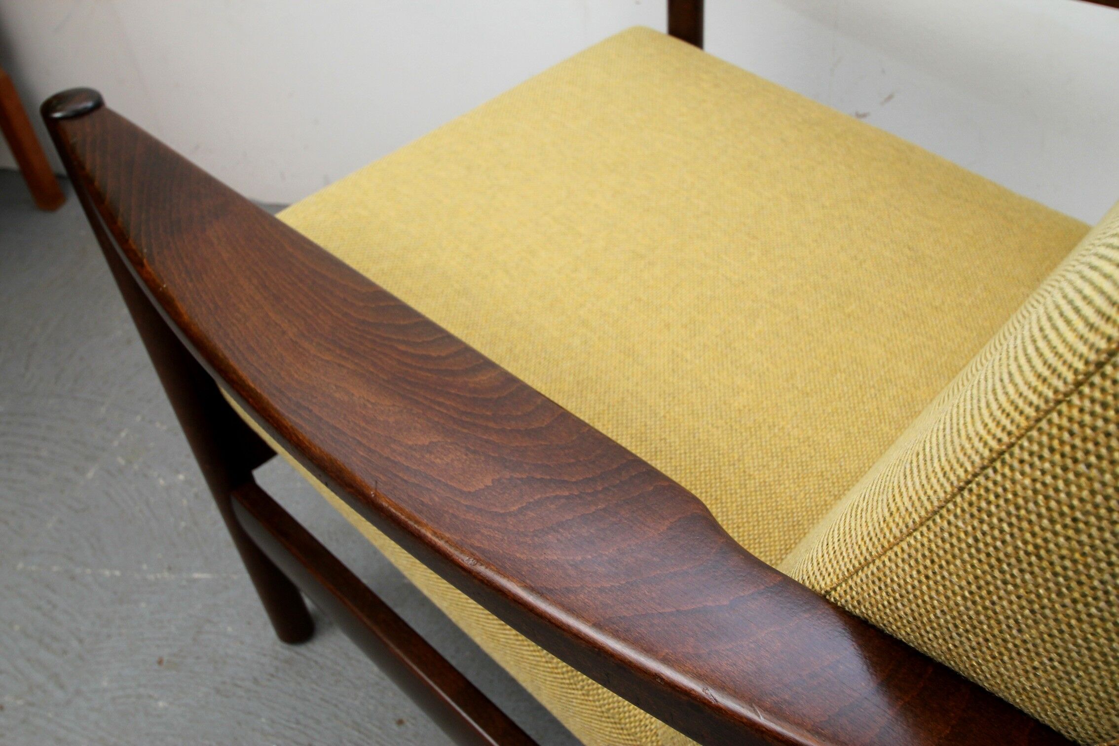 Mid-century walnut armchair in yellow 1960s