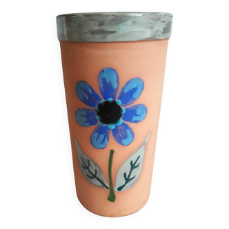 Vase vintage en terre cuite Vallauris au décor floral
