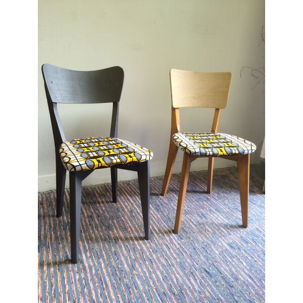 Paire chaise scandinave compas retapissé avec tissu wax africain | Selency