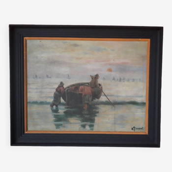 Old oil painting representing fishermen