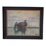 Old oil painting representing fishermen