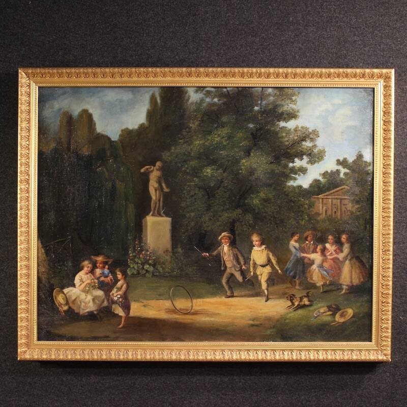 Peinture de scène de genre française d'un parc avec des enfants jouant.