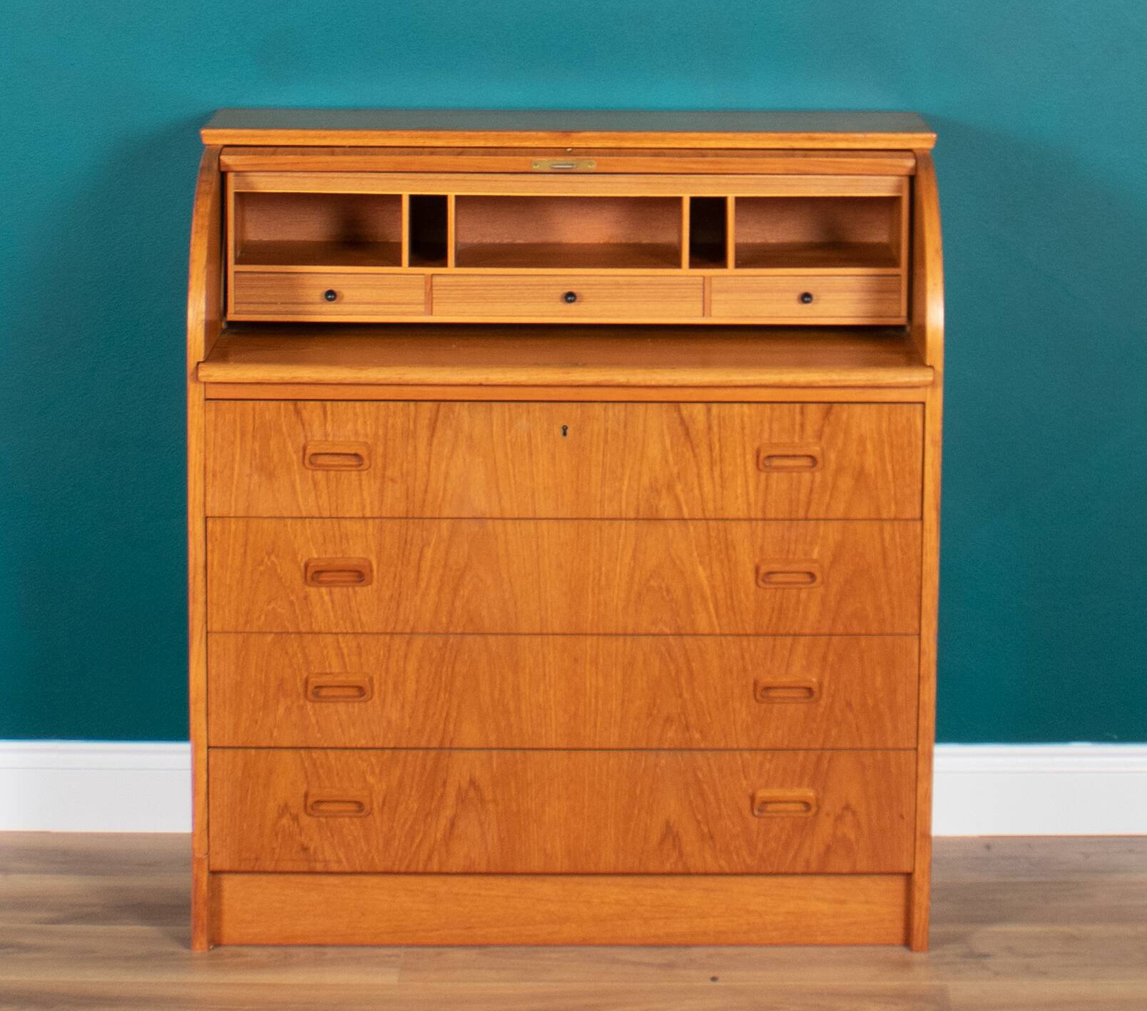 Retro Teak 1960s Danish Tambour Front Roll Top Bureau Writing Desk