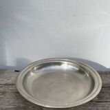 Round silver-plated metal serving dish with hallmark