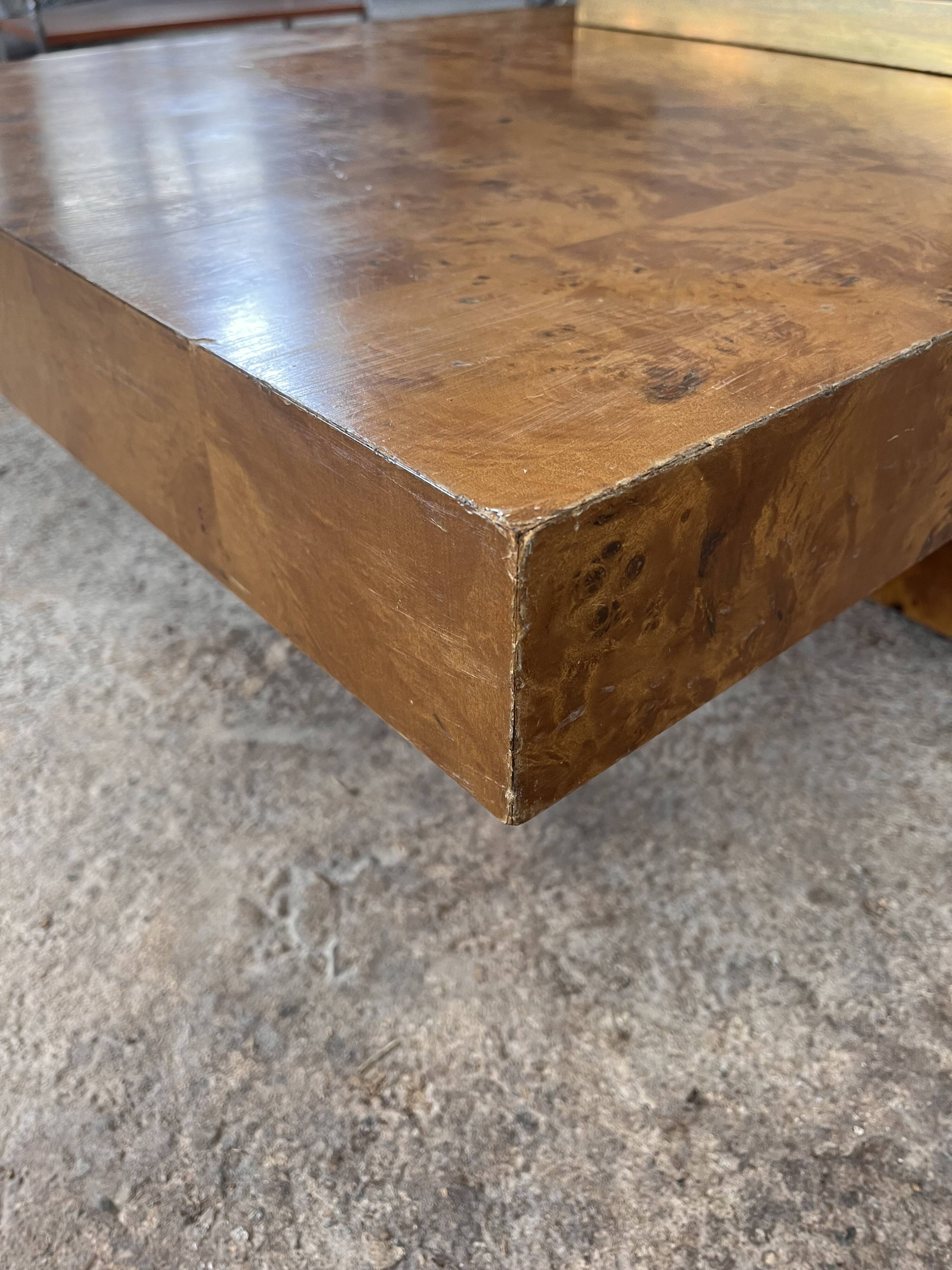 RocheBobois coffee bar table in elm burl and brass, 1970s