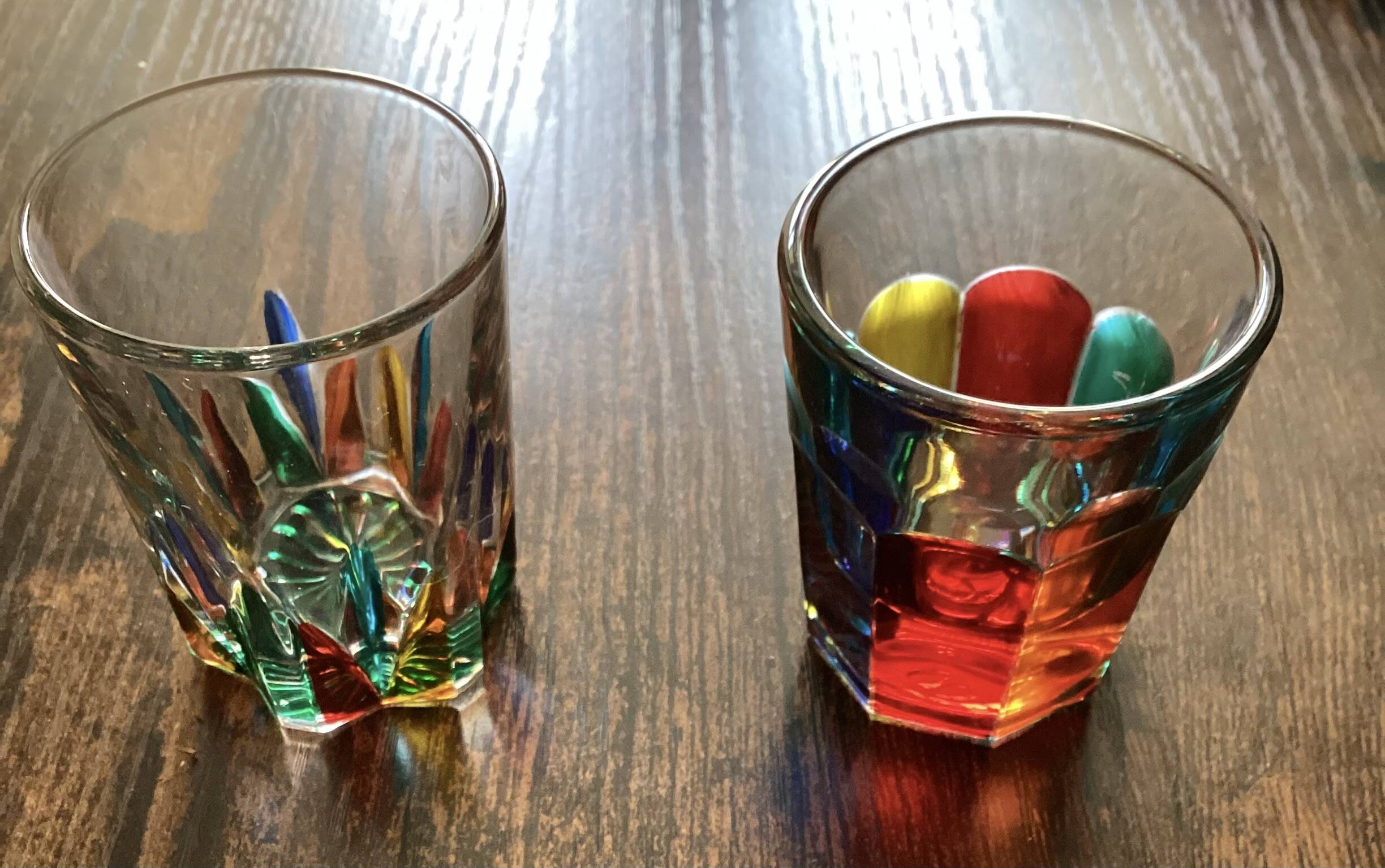 Two Shot Glasses,: One Murano, One CC Zechin using Murano Techniques.