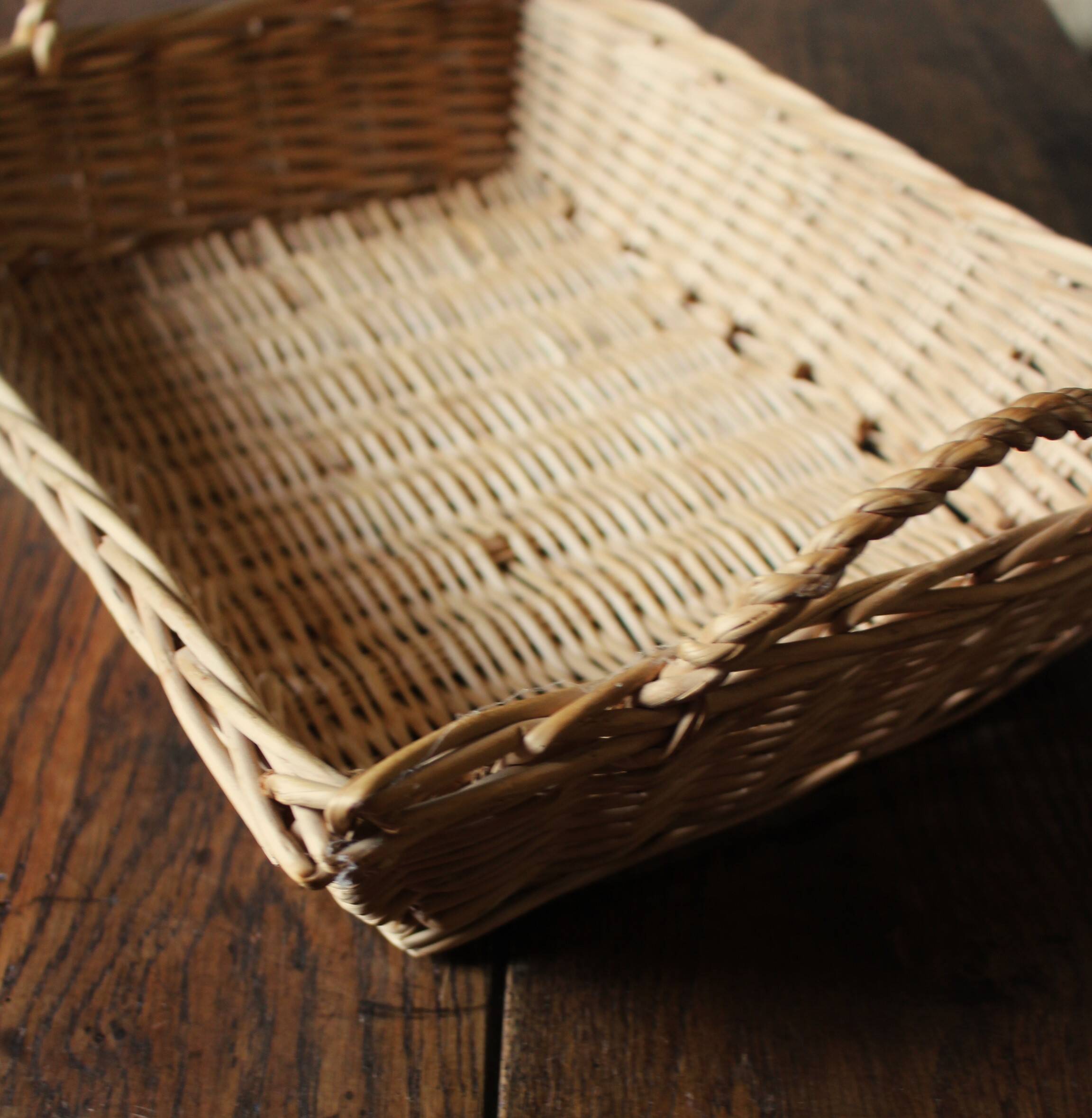 Vintage rectangular wicker basket with two handles