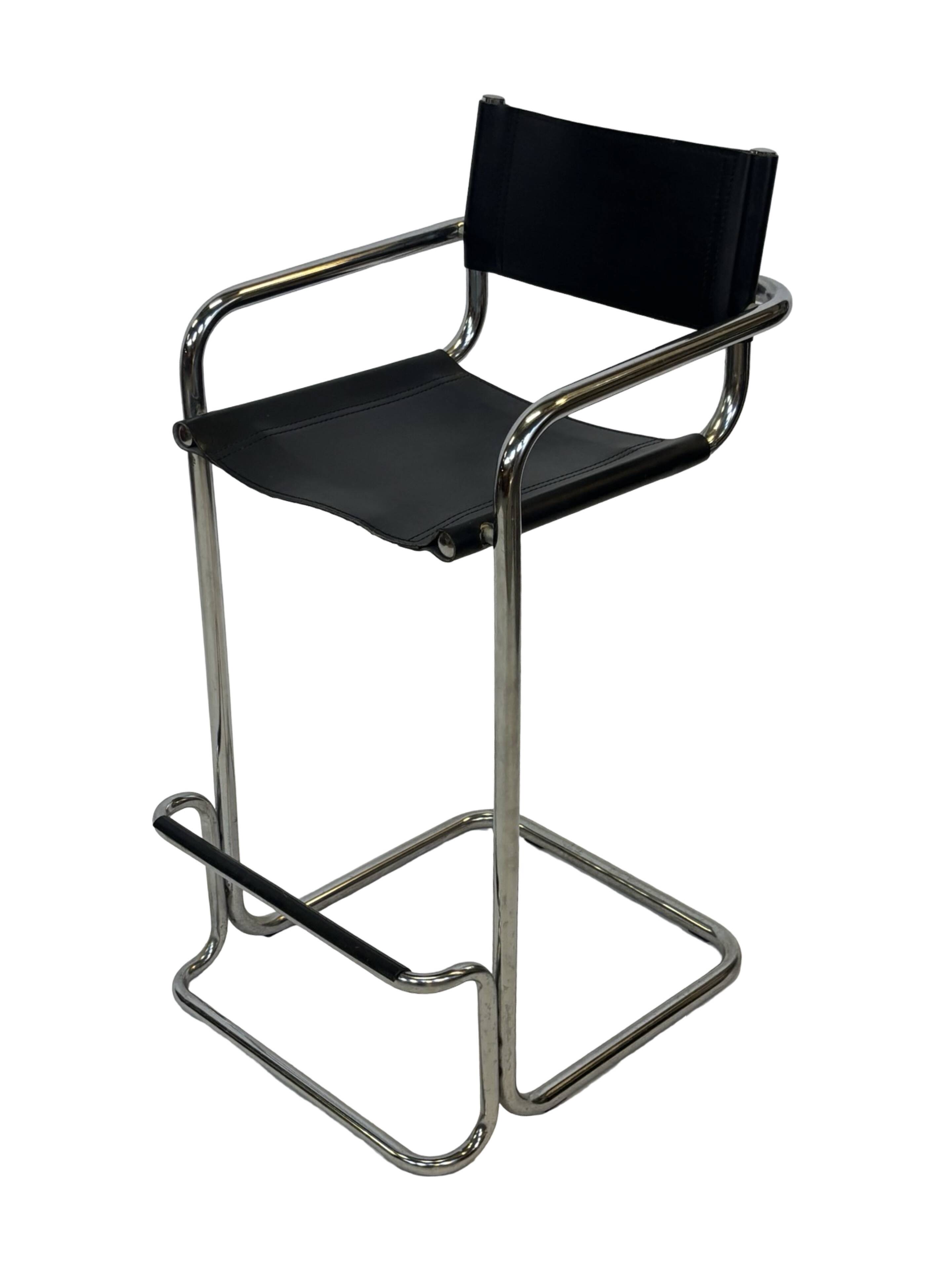 Tabouret de bar vintage en cuir noir et chrome, Italie
