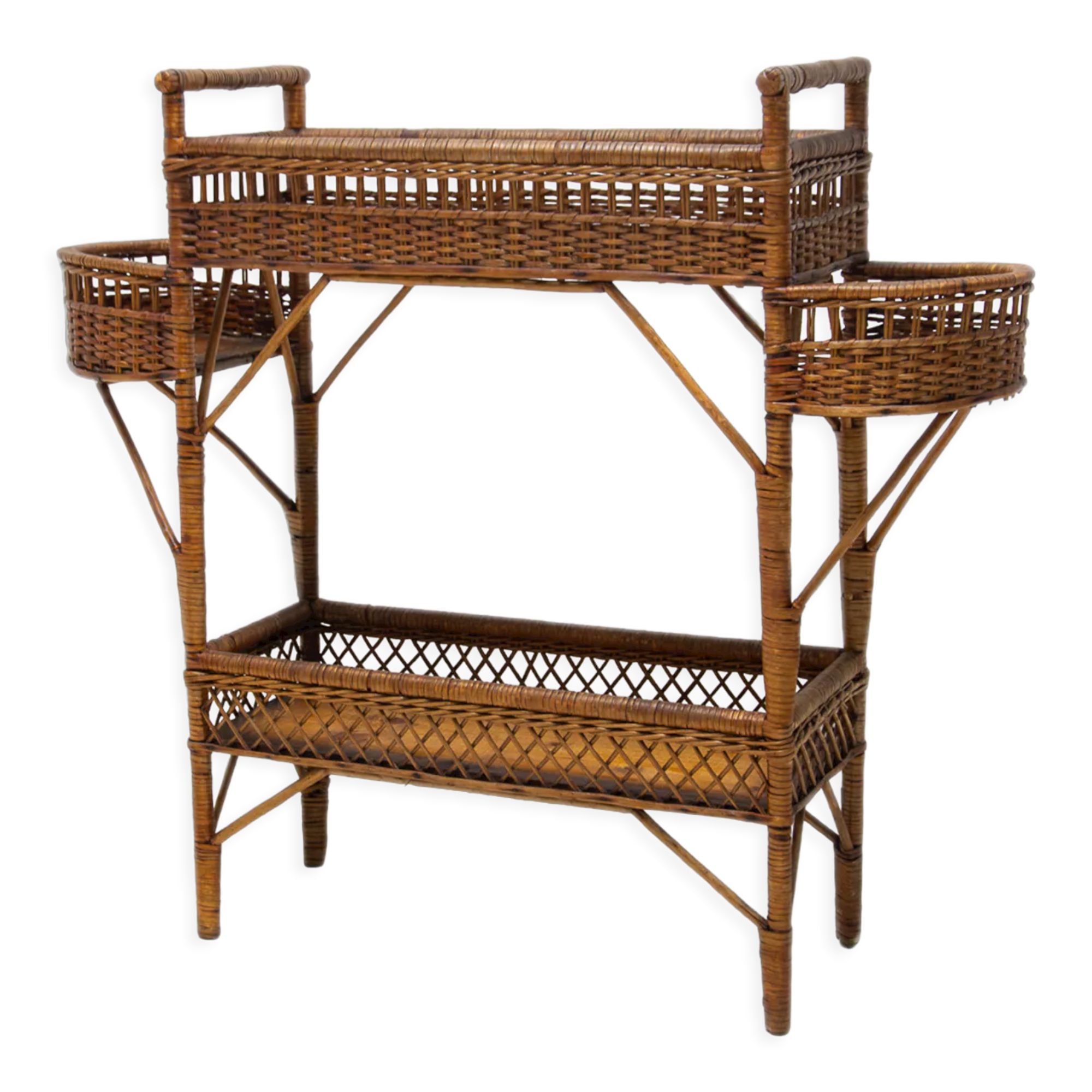 Mid century wicker and beech plant stand, 1960´s, Central Europe