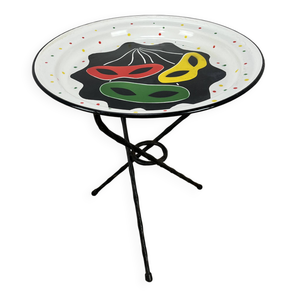 Table d'appoint tripode vintage, tôle émaillée, années 50, bout de canapé