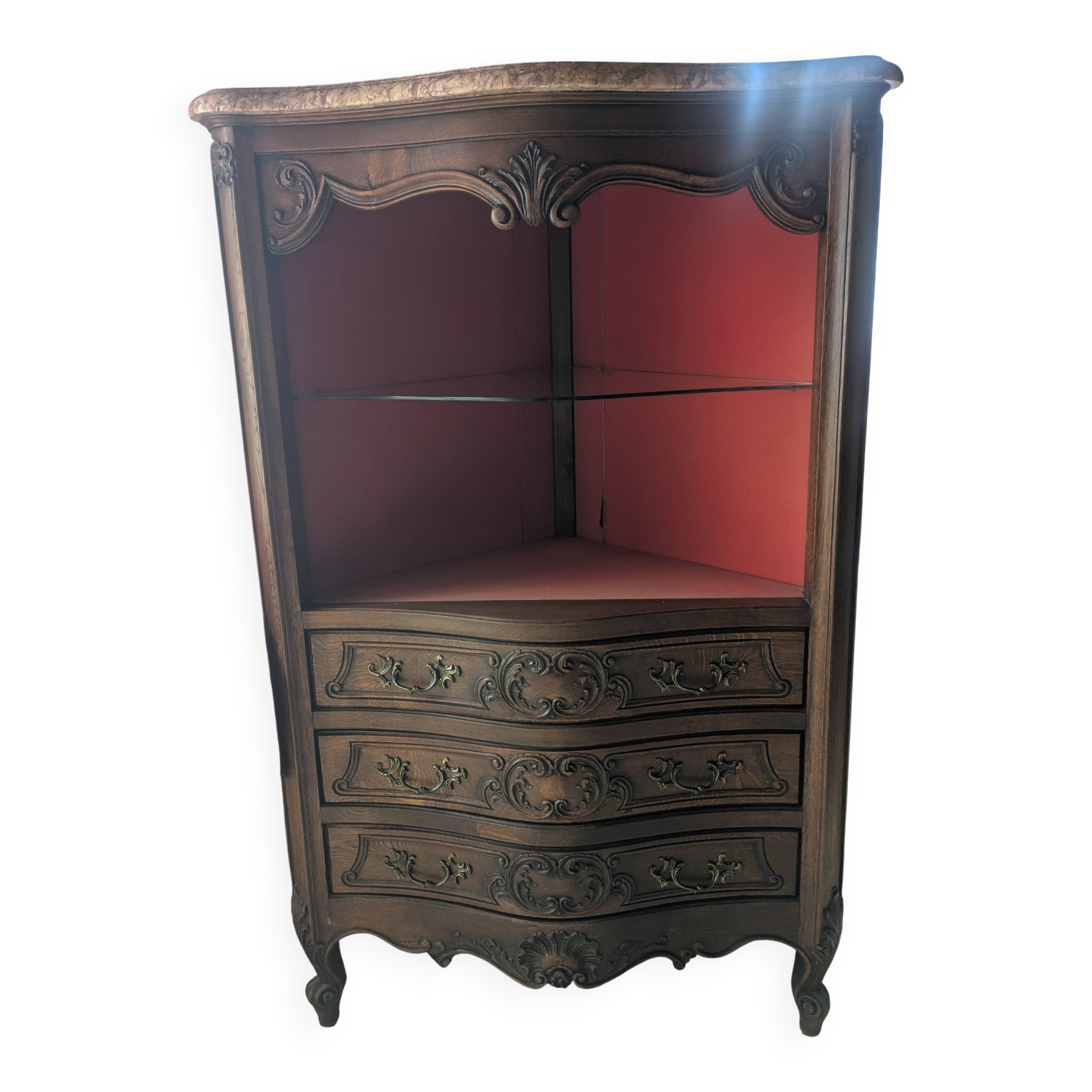 Antique corner cabinet in Louis XV style, topped with a marble surface.