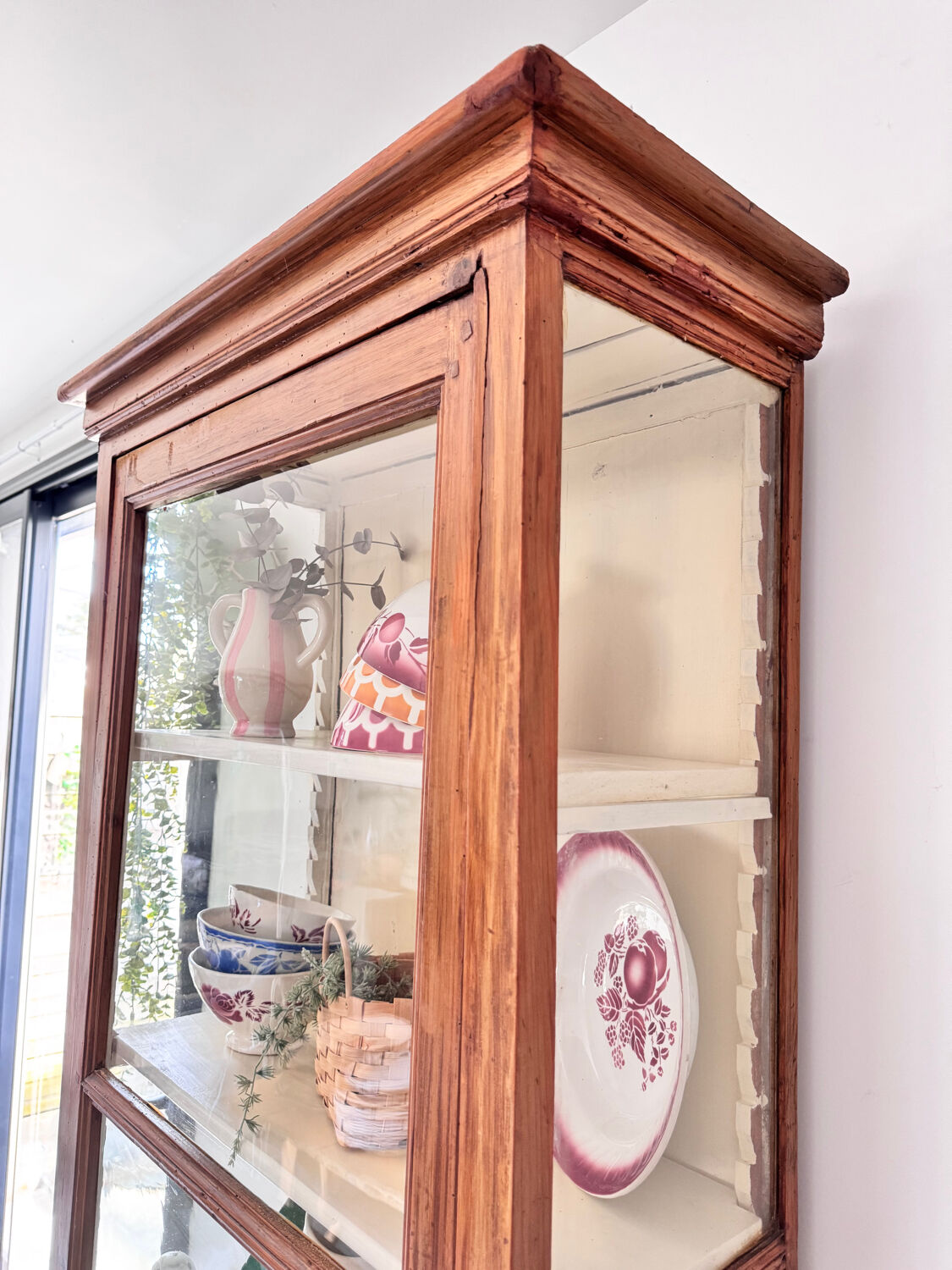 Antique display cabinet, small dresser, antique glass-fronted bookcase.