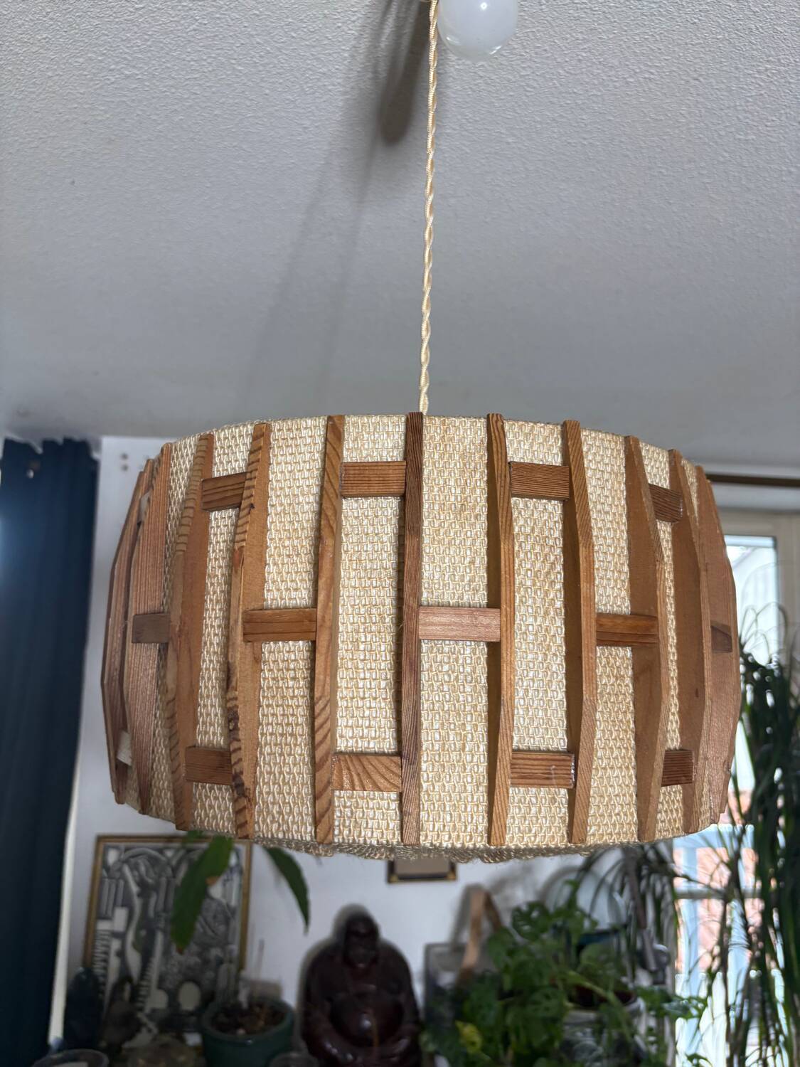 Scandinavian pendant light from the 1960s, made of wood and fabric