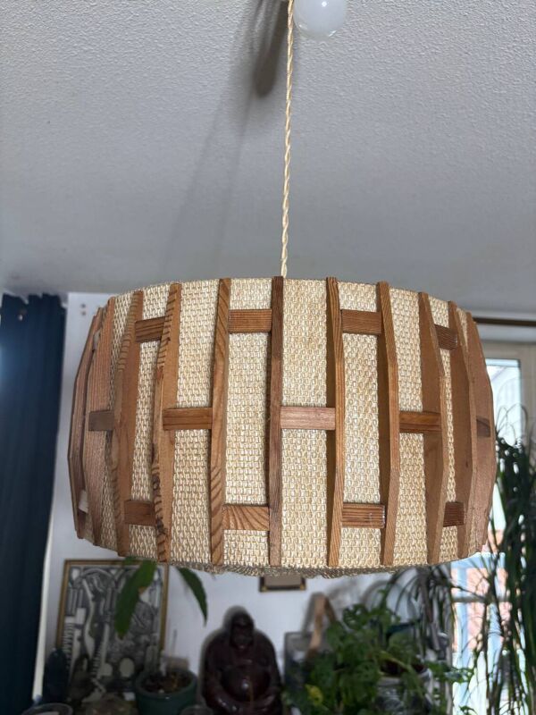 Suspension scandinave années 60, en bois et tissus