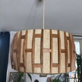Scandinavian pendant light from the 1960s, made of wood and fabric