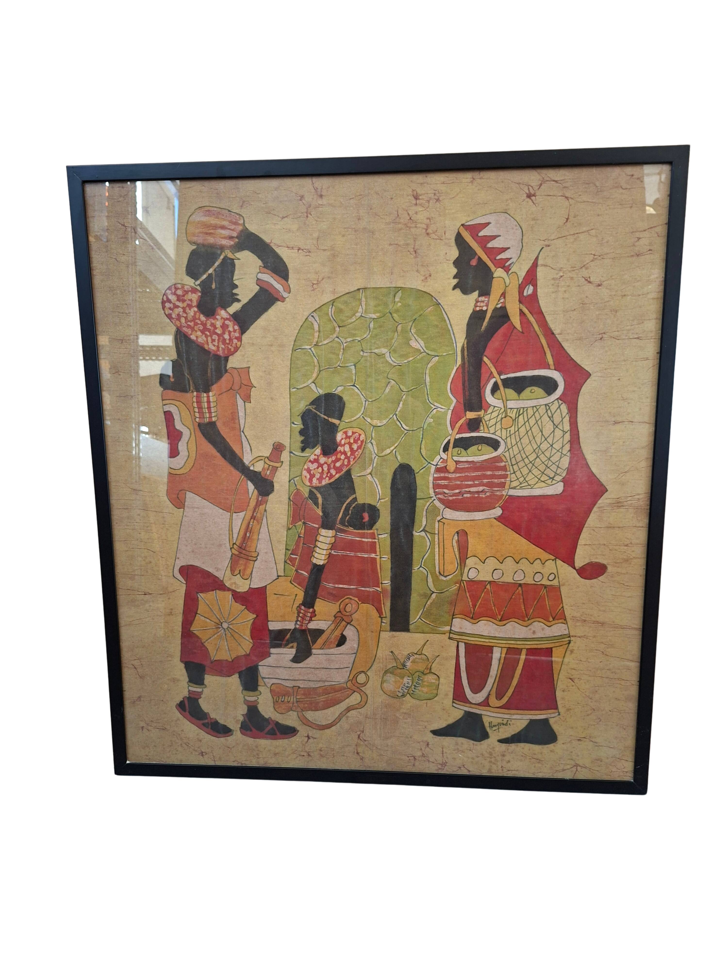 Tableau batik africain original signé "Hamidi", art sur tissu