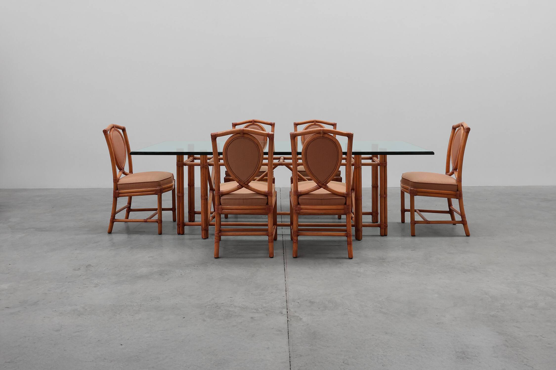 Large monumental bamboo dining table with glass top by Gasparucci, Italy