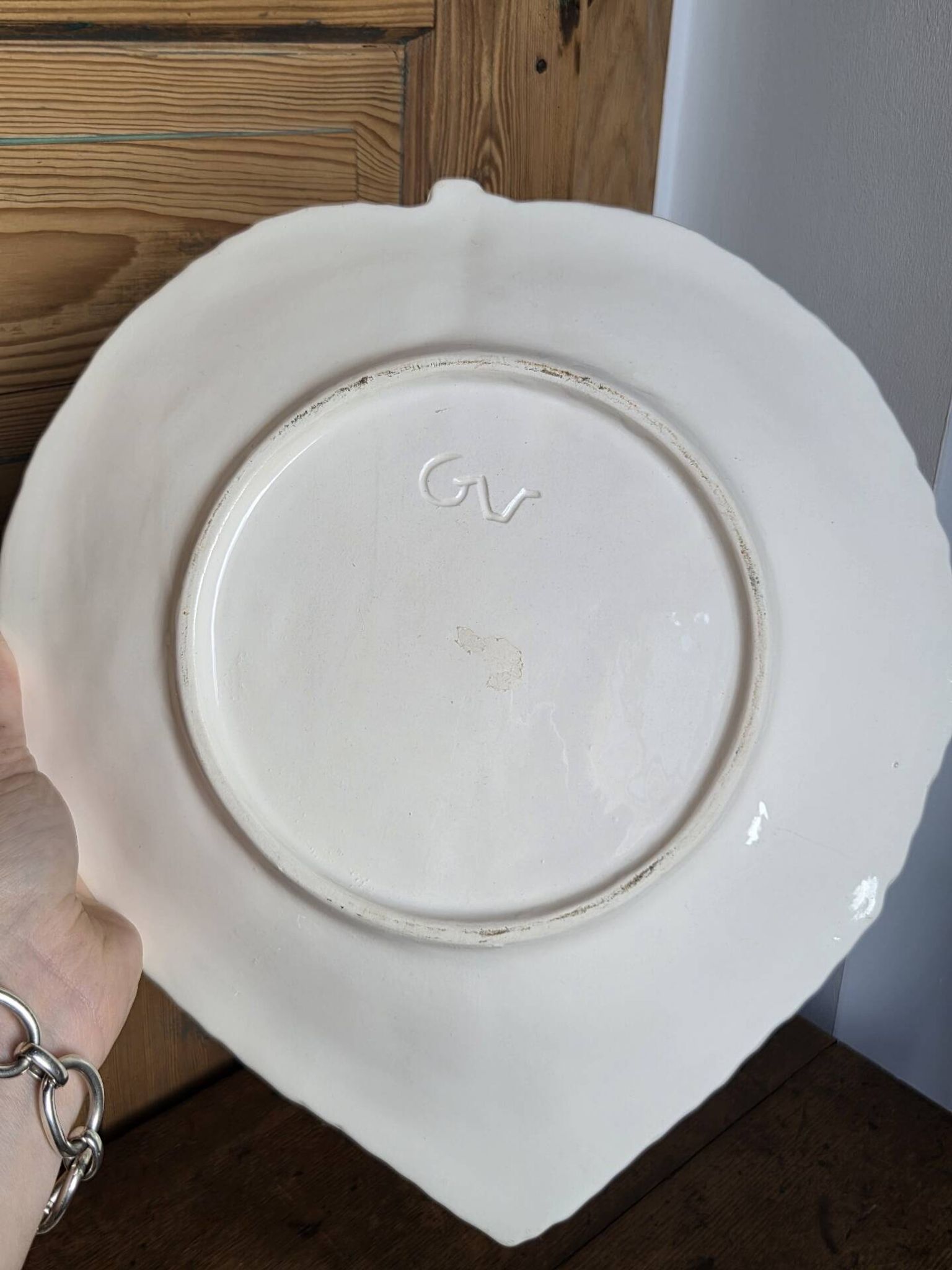 Vintage fruit colander bowl in barbotine signed GV