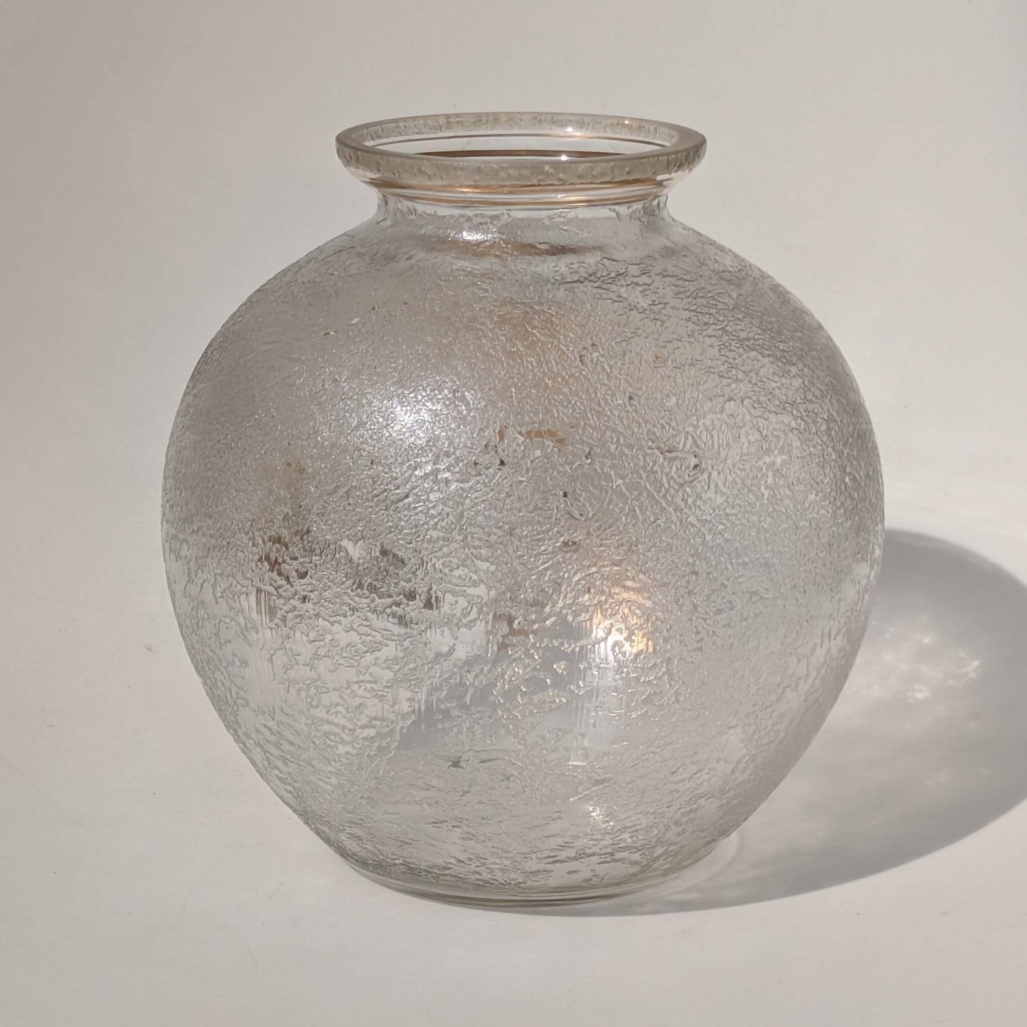 Frosted Glass Ball Vase with Golden Botanical Decoration — Signed Adat — Circa 1950